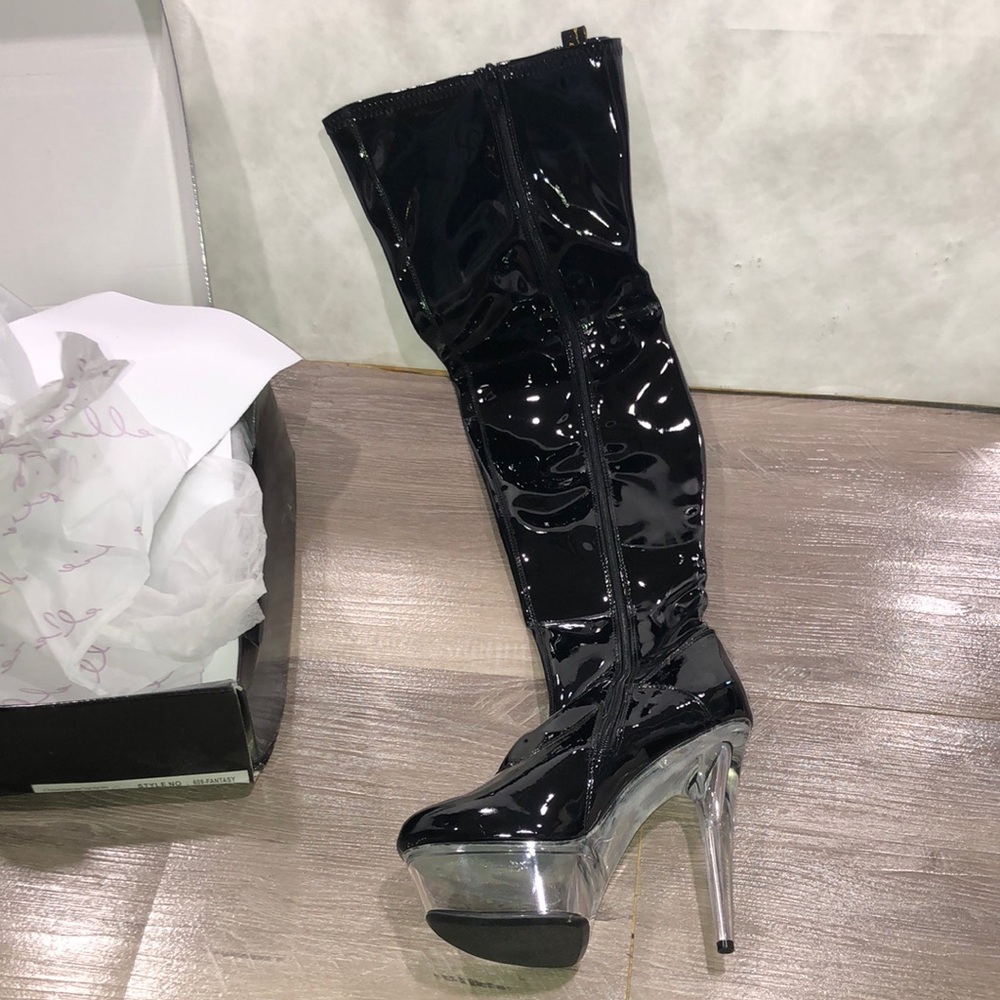 Ellie Fantasy Black Patent Heeled Thigh OTK Boots with Stiletto and Platform New
